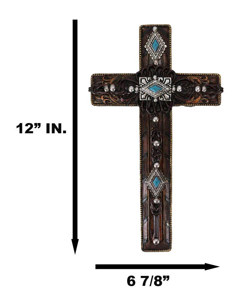 Rustic Western Turquoise Gems Silver Conchos Tooled Leather Wall Cross Decor - Image 3