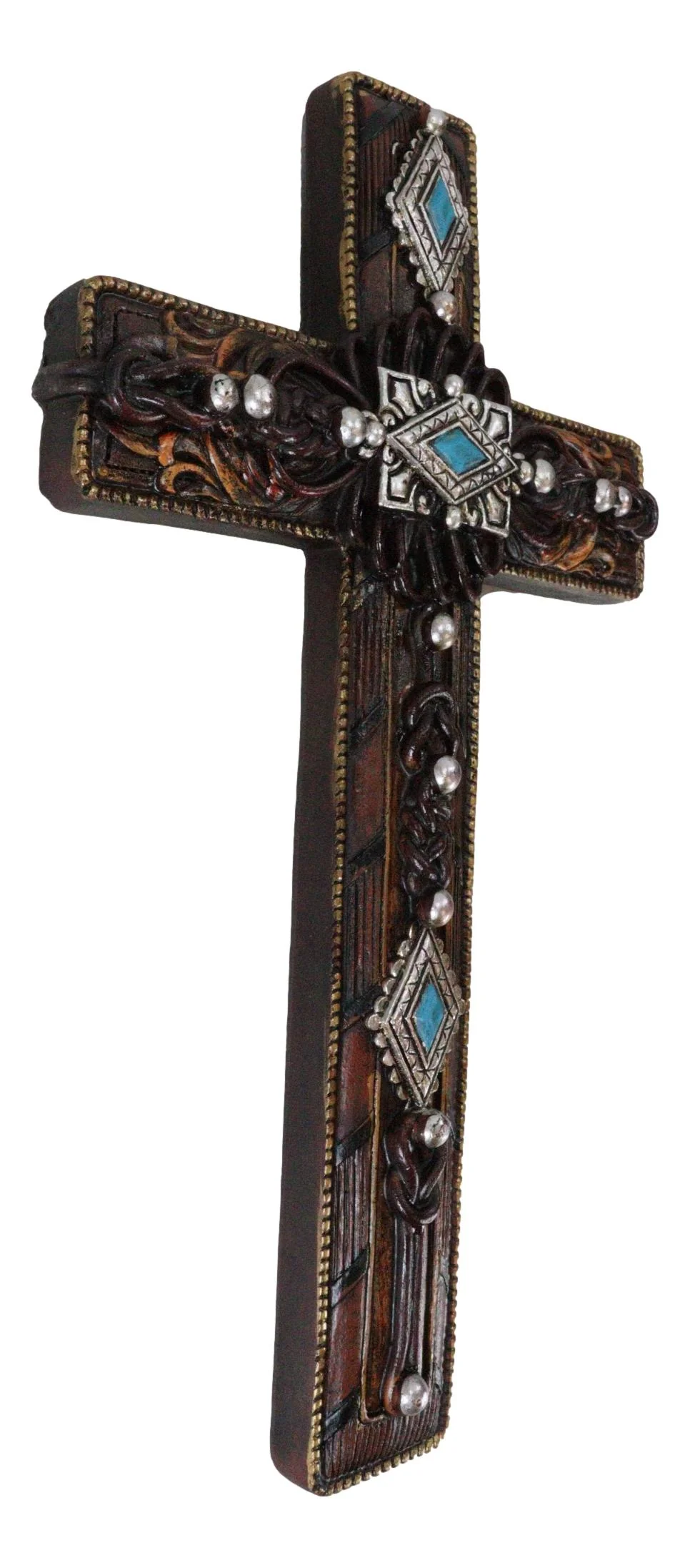 Rustic Western Turquoise Gems Silver Conchos Tooled Leather Wall Cross Decor - Image 4