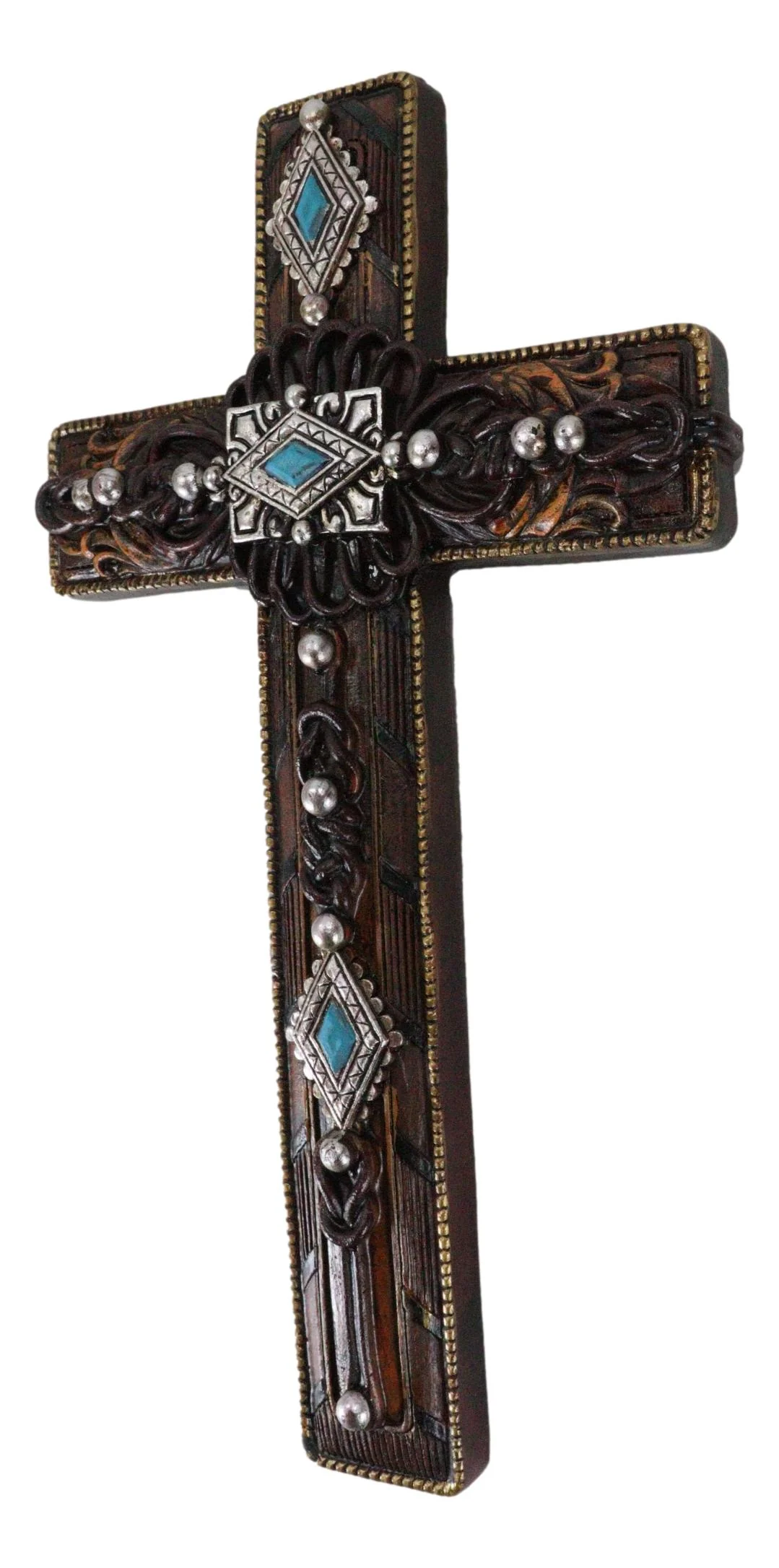 Rustic Western Turquoise Gems Silver Conchos Tooled Leather Wall Cross Decor - Image 5