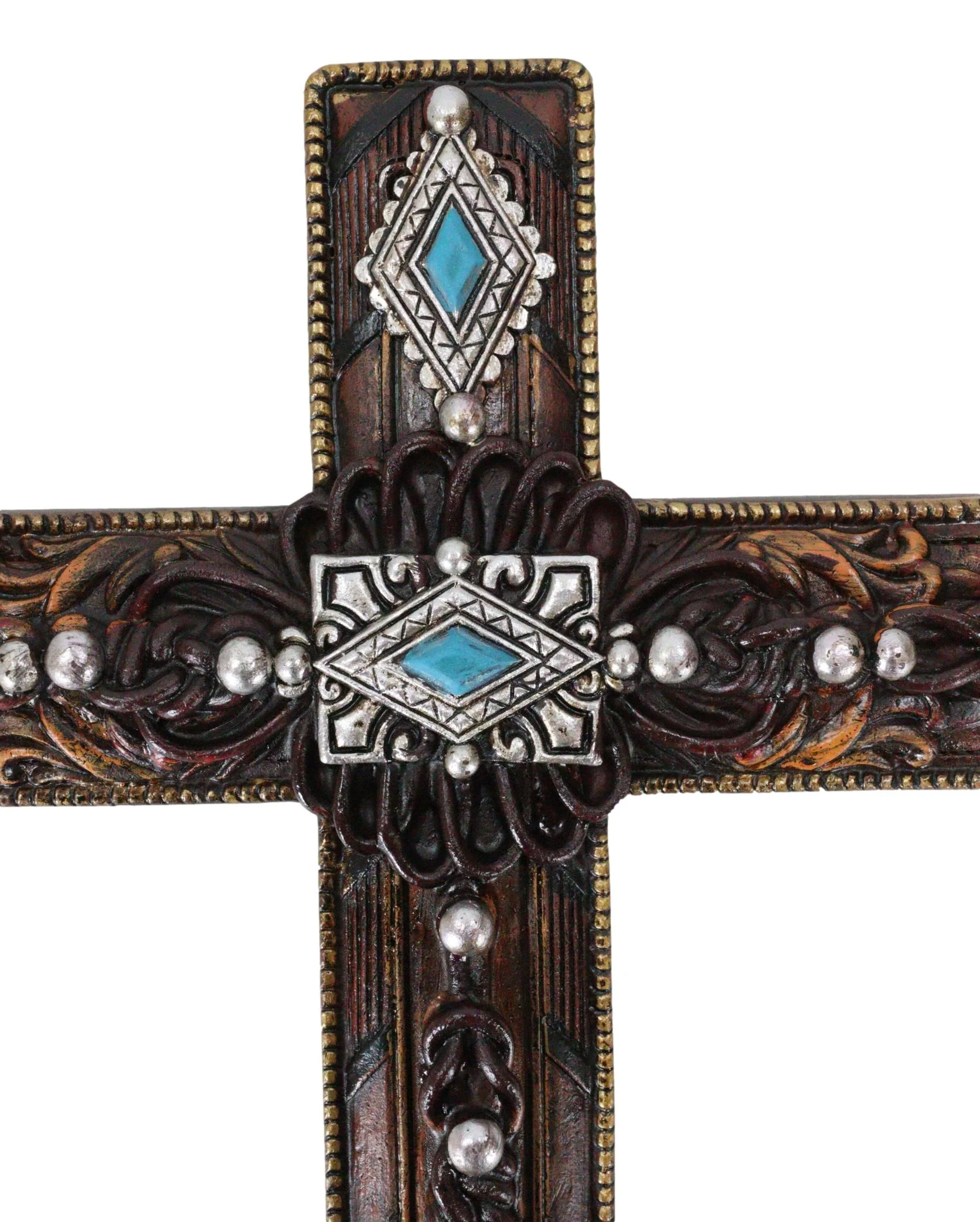 Rustic Western Turquoise Gems Silver Conchos Tooled Leather Wall Cross Decor - Image 6