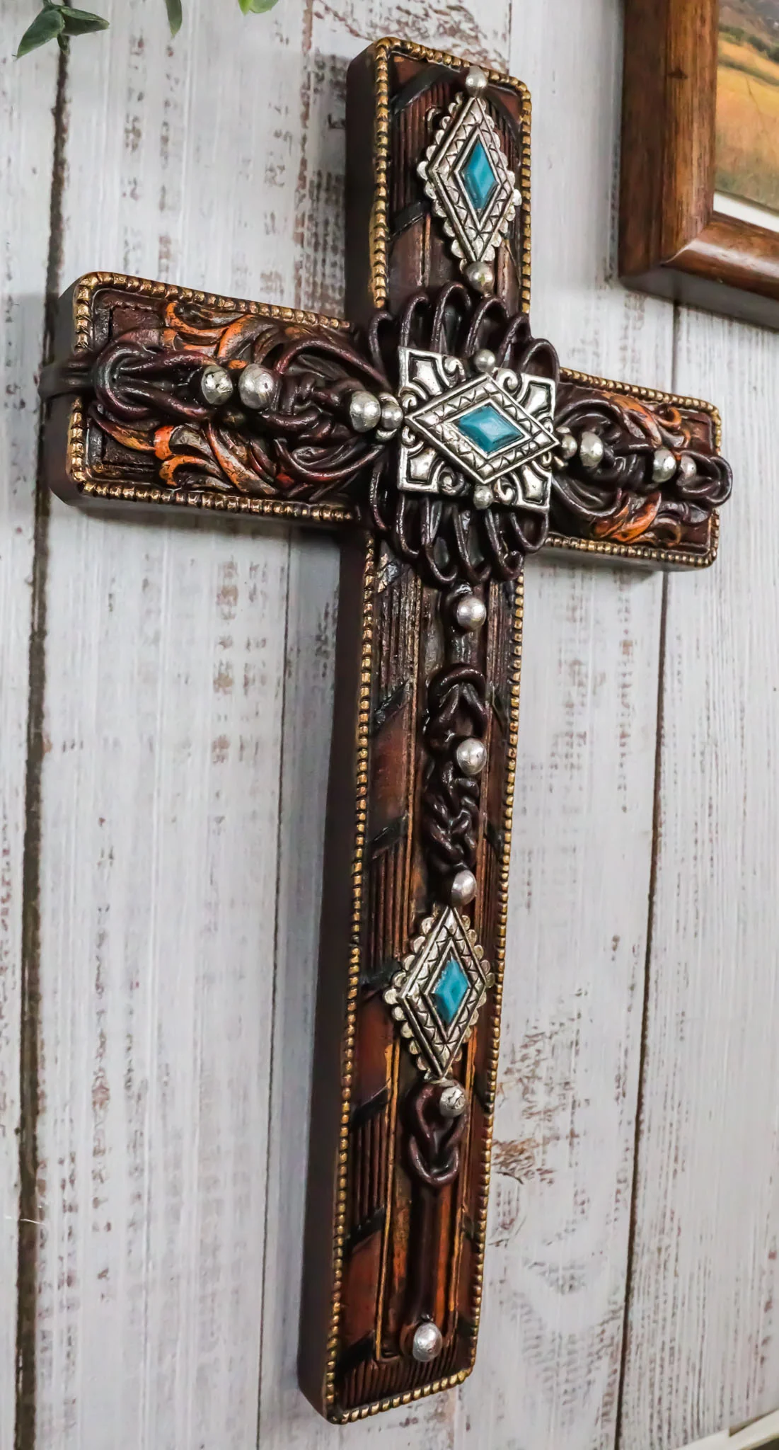 Rustic Western Turquoise Gems Silver Conchos Tooled Leather Wall Cross Decor - Image 8