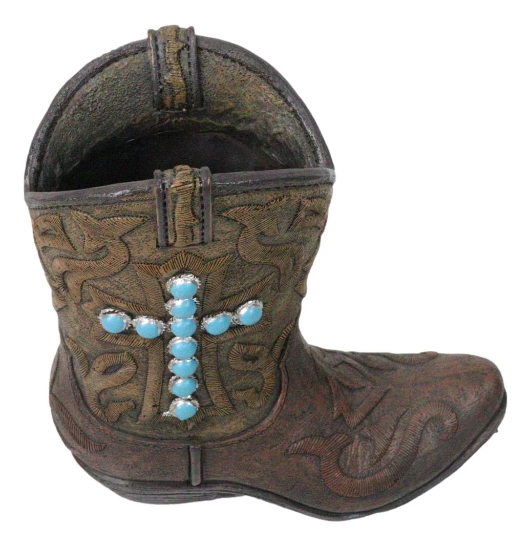 Rustic Western Turquoise Rocks Cross Faux Leather Cowgirl Boot Vase Figurine - Image 2