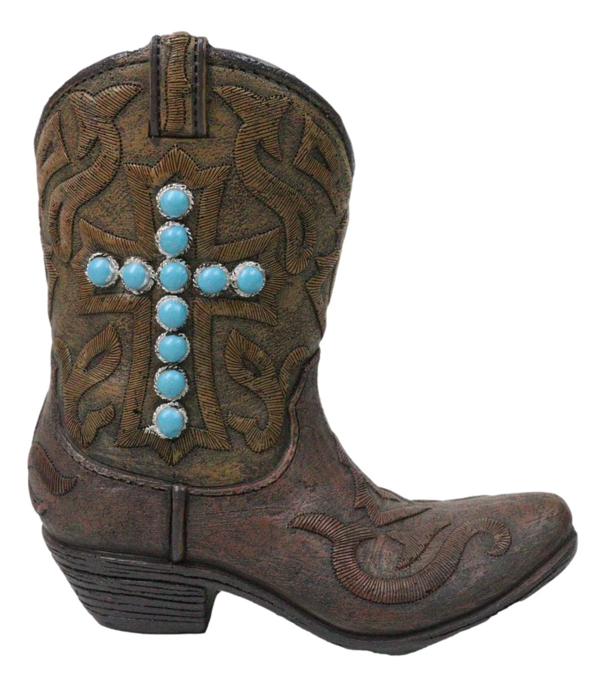 Rustic Western Turquoise Rocks Cross Faux Leather Cowgirl Boot Vase Figurine - Image 6
