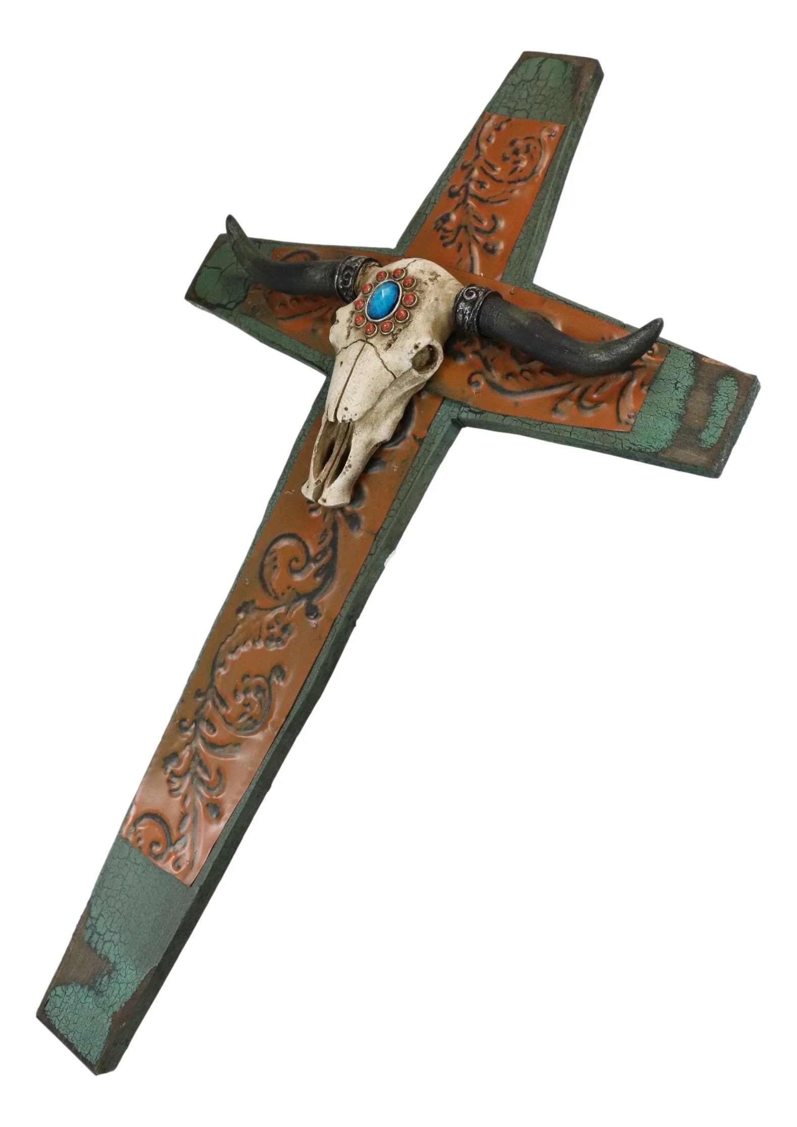 Rustic Western Turquoise Sun Floral Scroll Longhorn Bull Cow Skull Wall Cross - Image 2