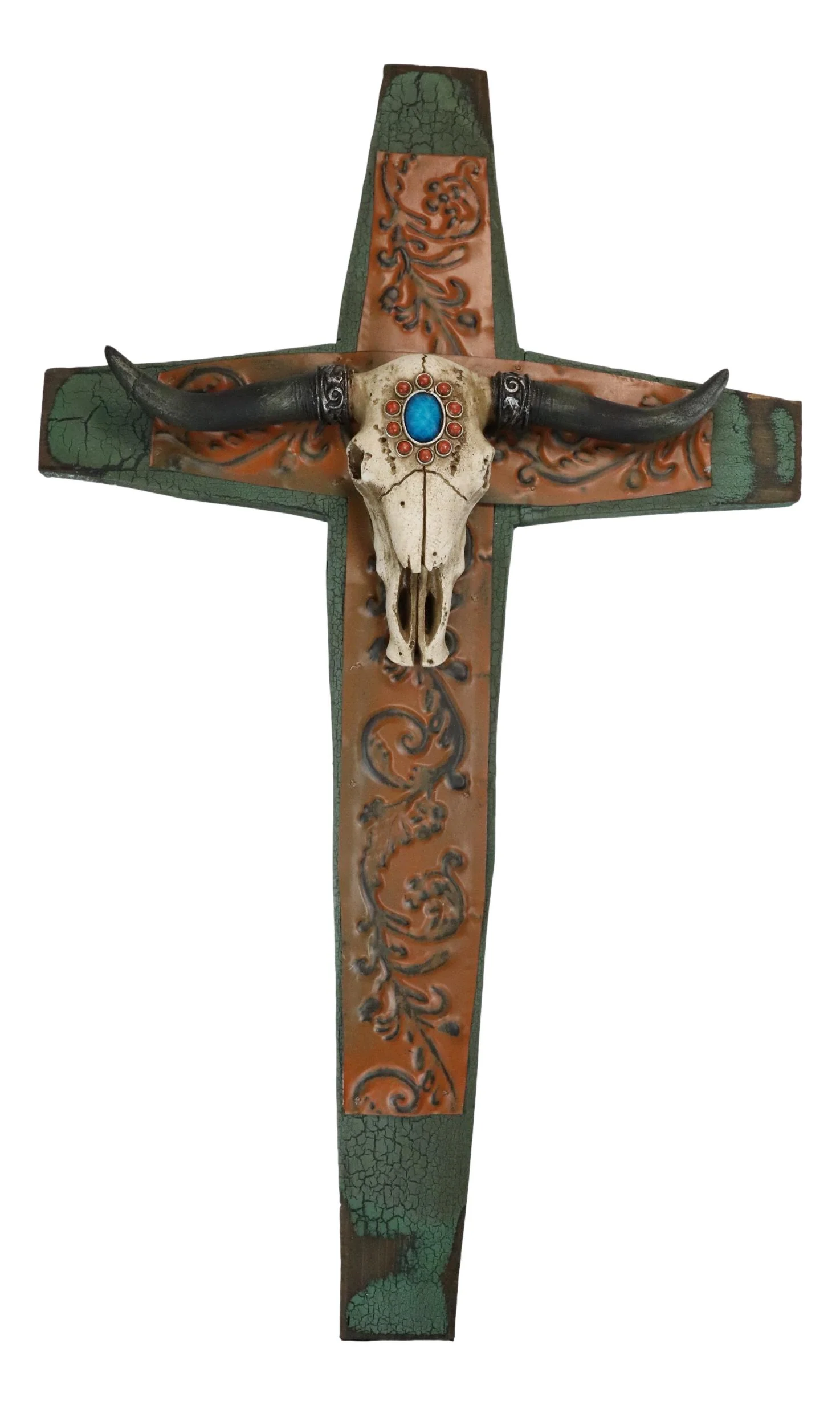 Rustic Western Turquoise Sun Floral Scroll Longhorn Bull Cow Skull Wall Cross - Image 3