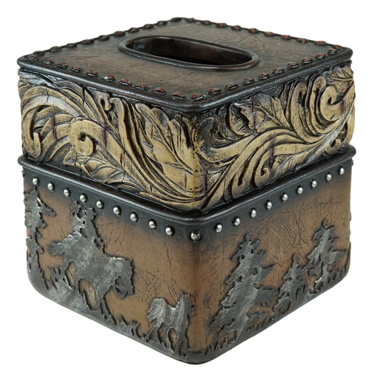 Rustic Western Wild Horses With Floral Gold Patterns Tissue Box Cover Figurine - Image 3