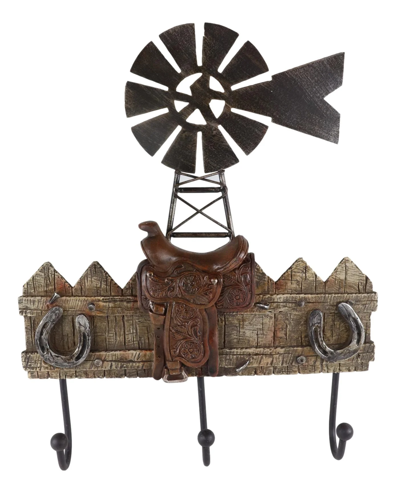 Rustic Western Windmill With Cowboy Barn Horseshoes And Saddle 3 Peg Wall Hooks - Image 2