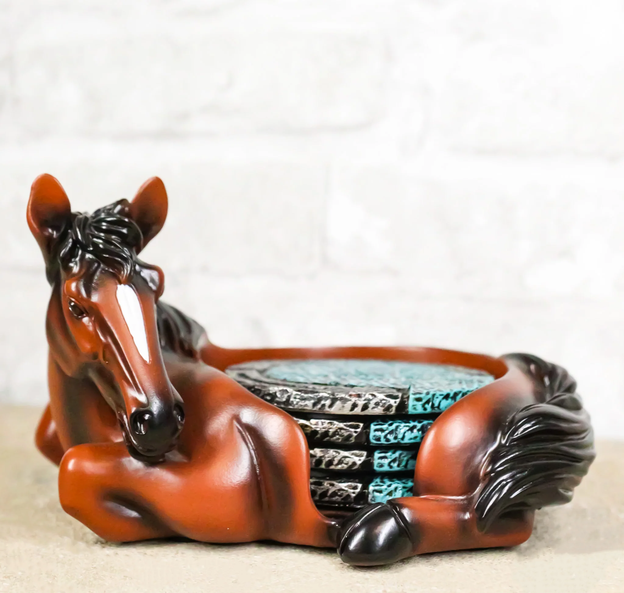 Rustic Western Brown Chestnut Horse Coaster Holder with Horseshoe Coasters Set - Image 9