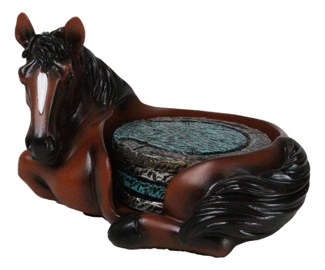Rustic Western Brown Chestnut Horse Coaster Holder with Horseshoe Coasters Set - Image 7