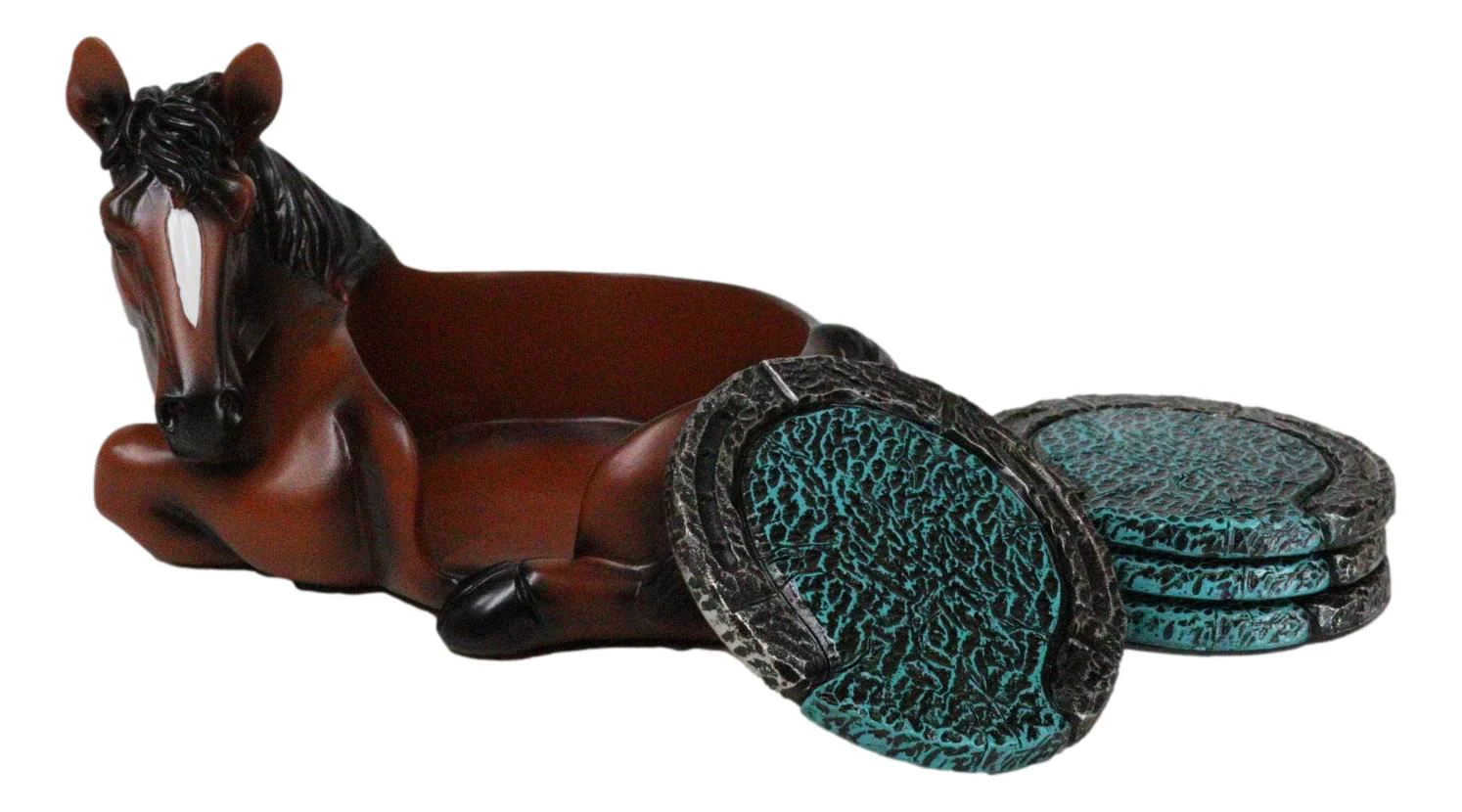 Rustic Western Brown Chestnut Horse Coaster Holder with Horseshoe Coasters Set - Image 6