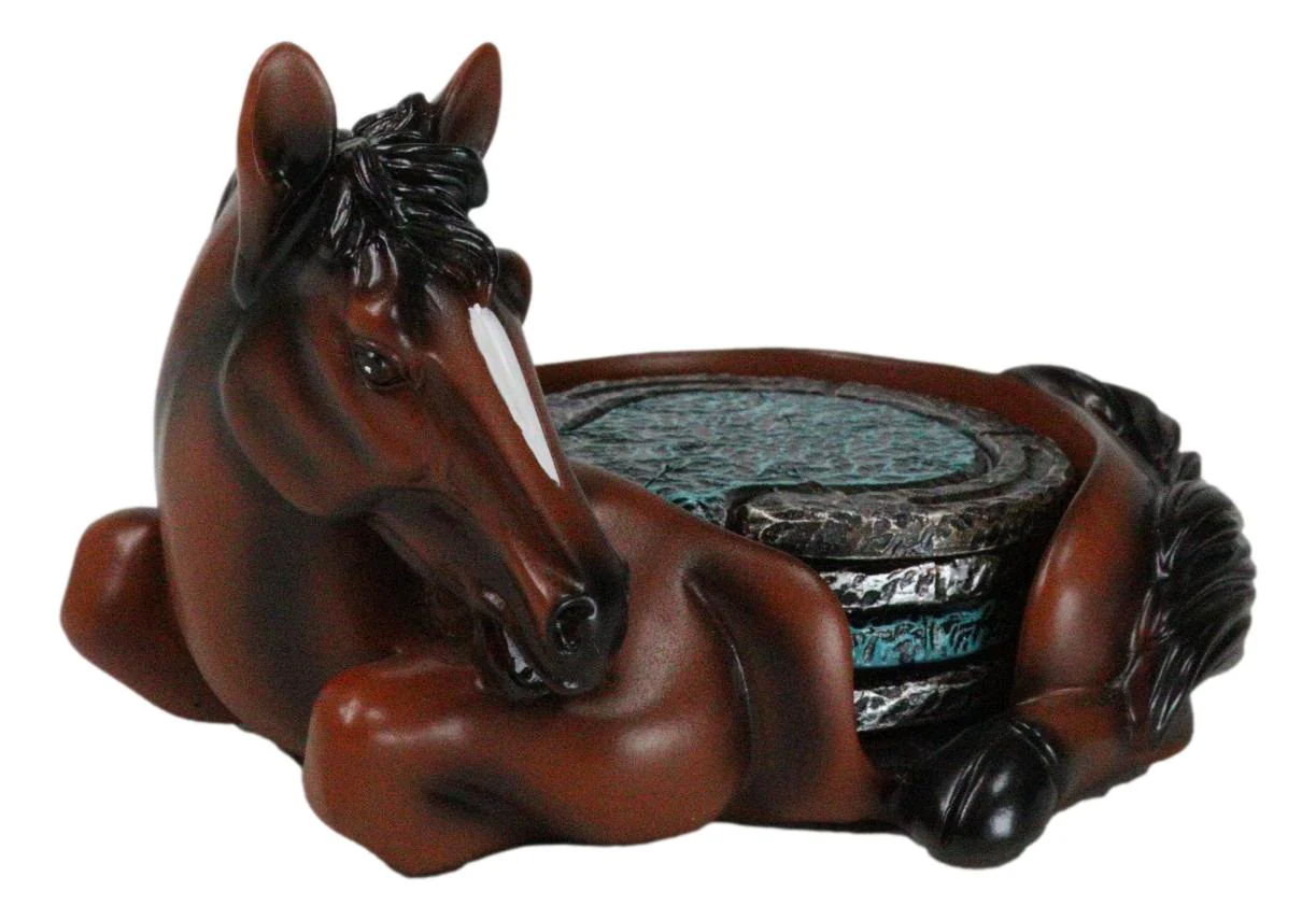 Rustic Western Brown Chestnut Horse Coaster Holder with Horseshoe Coasters Set - Image 4