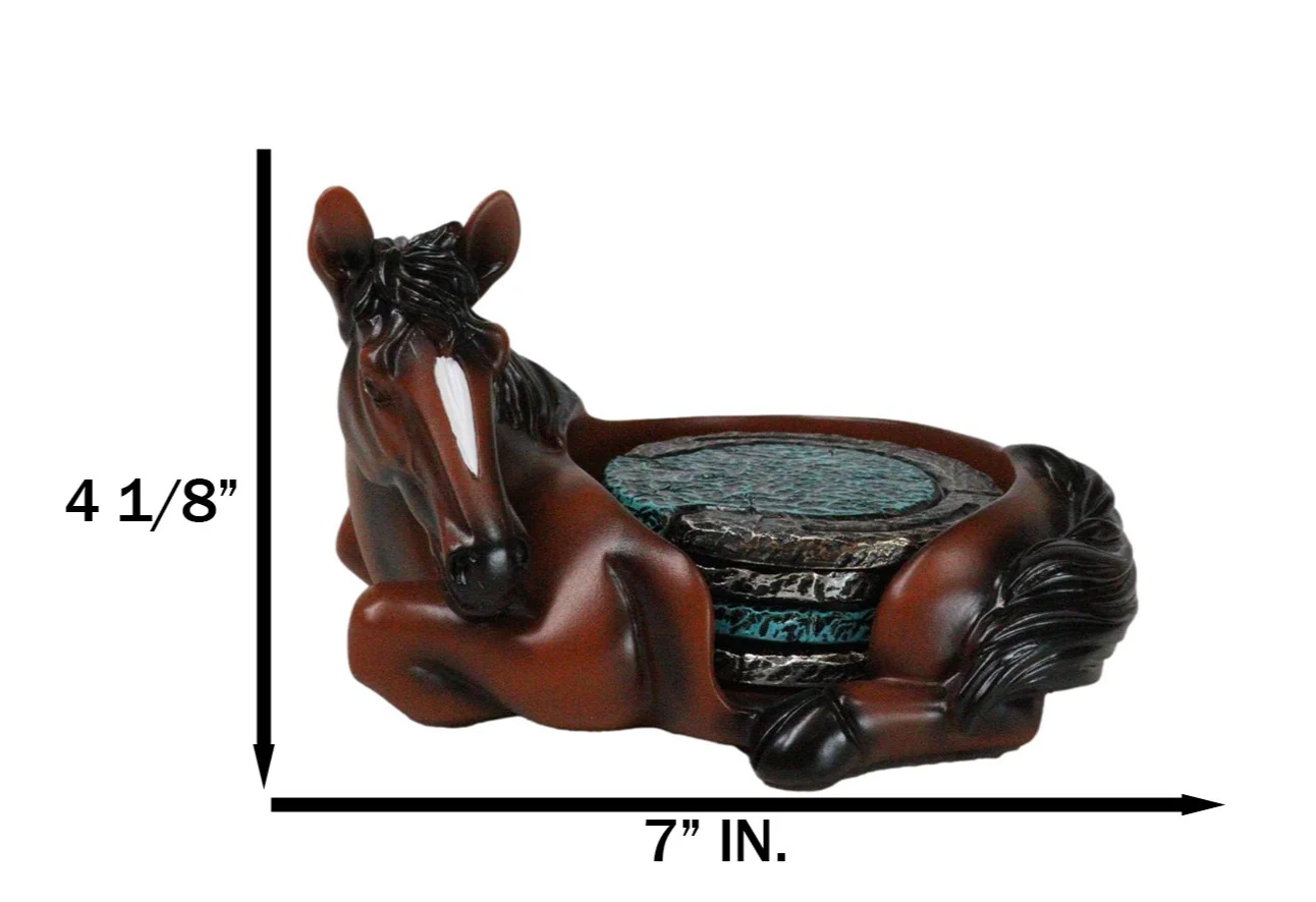 Rustic Western Brown Chestnut Horse Coaster Holder with Horseshoe Coasters Set - Image 2