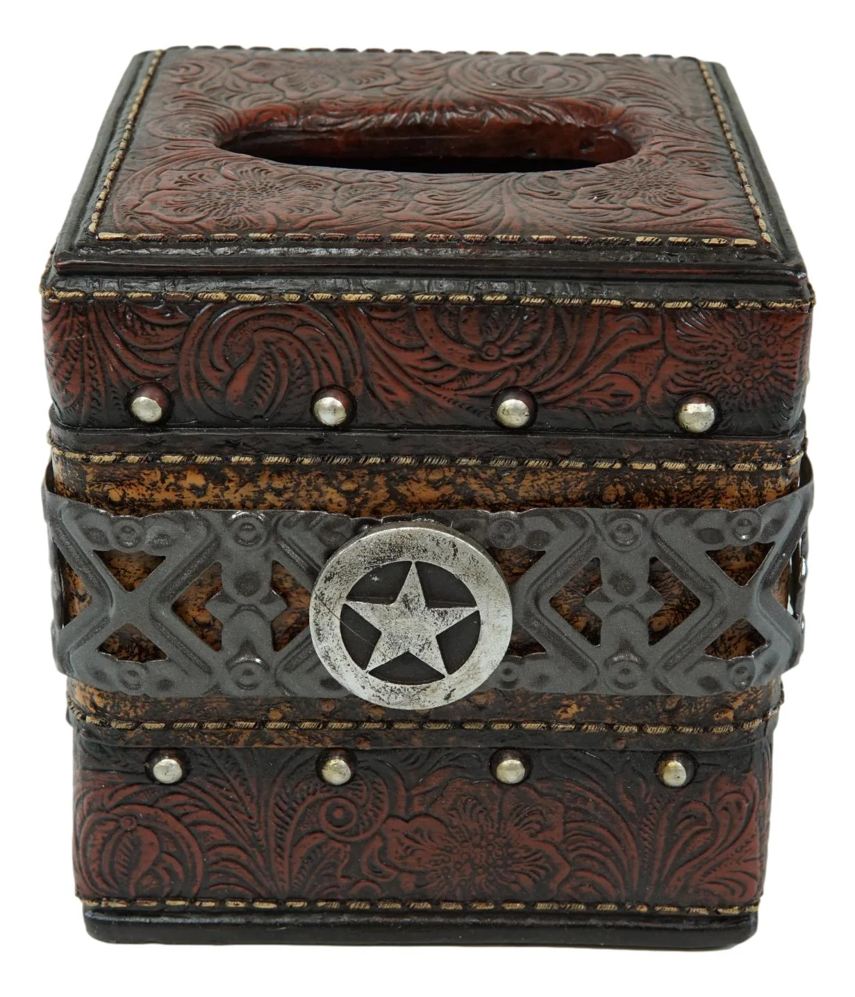 Rustic Wild Cowboy Western Star Faux Tooled Leather Bathroom Tissue Box Cover - Image 2