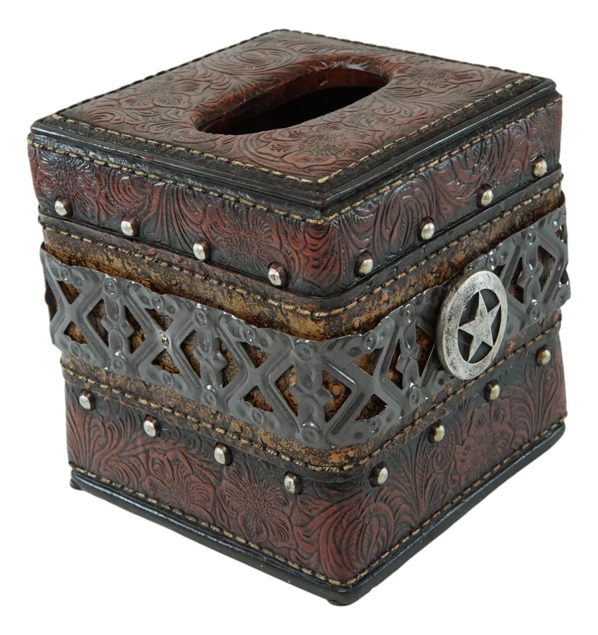 Rustic Wild Cowboy Western Star Faux Tooled Leather Bathroom Tissue Box Cover - Image 4