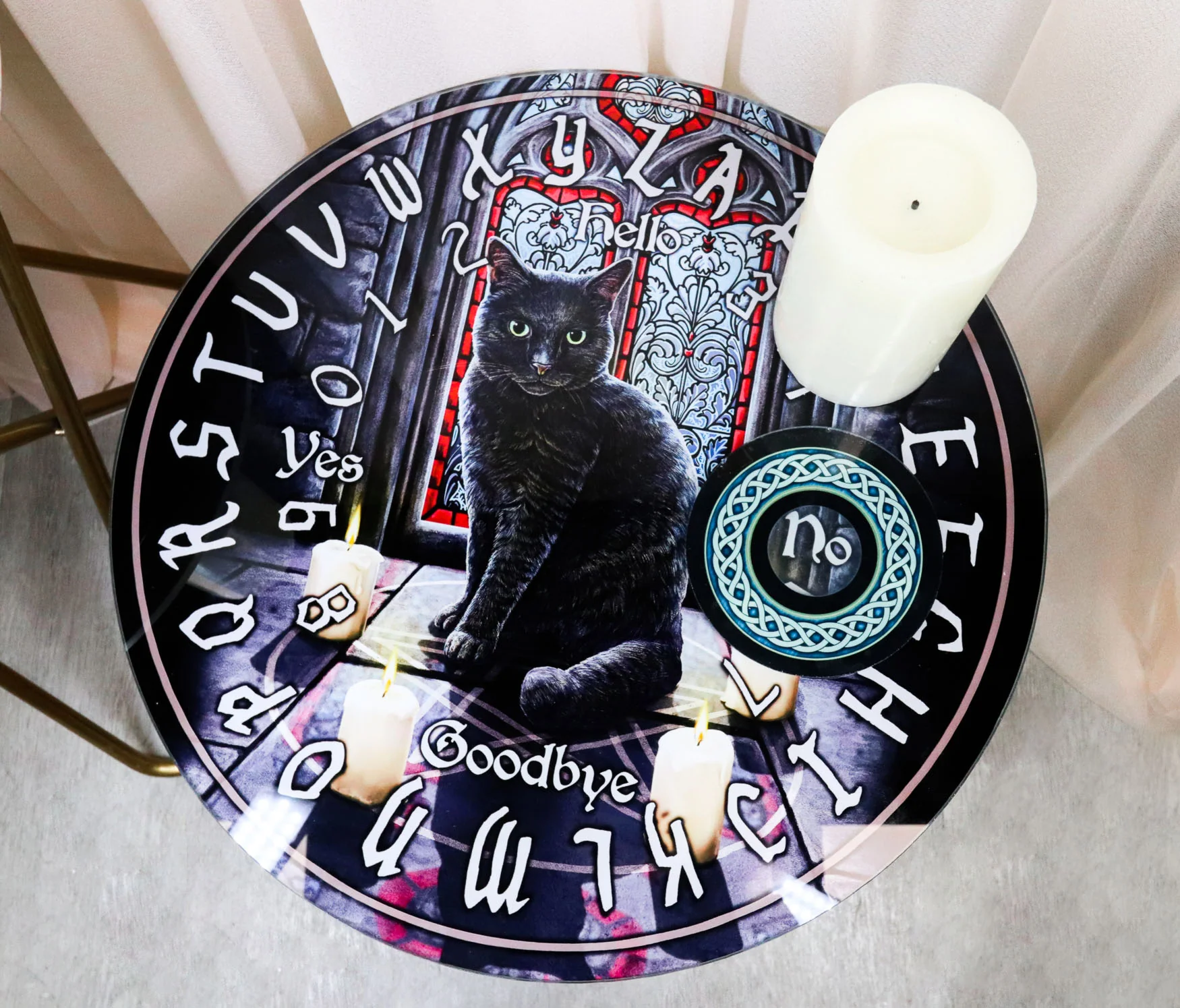 Sacred Circle Wicca Tarots Black Cat Ouija Spirit Board W/ Glass Top Table 16"H - Image 7