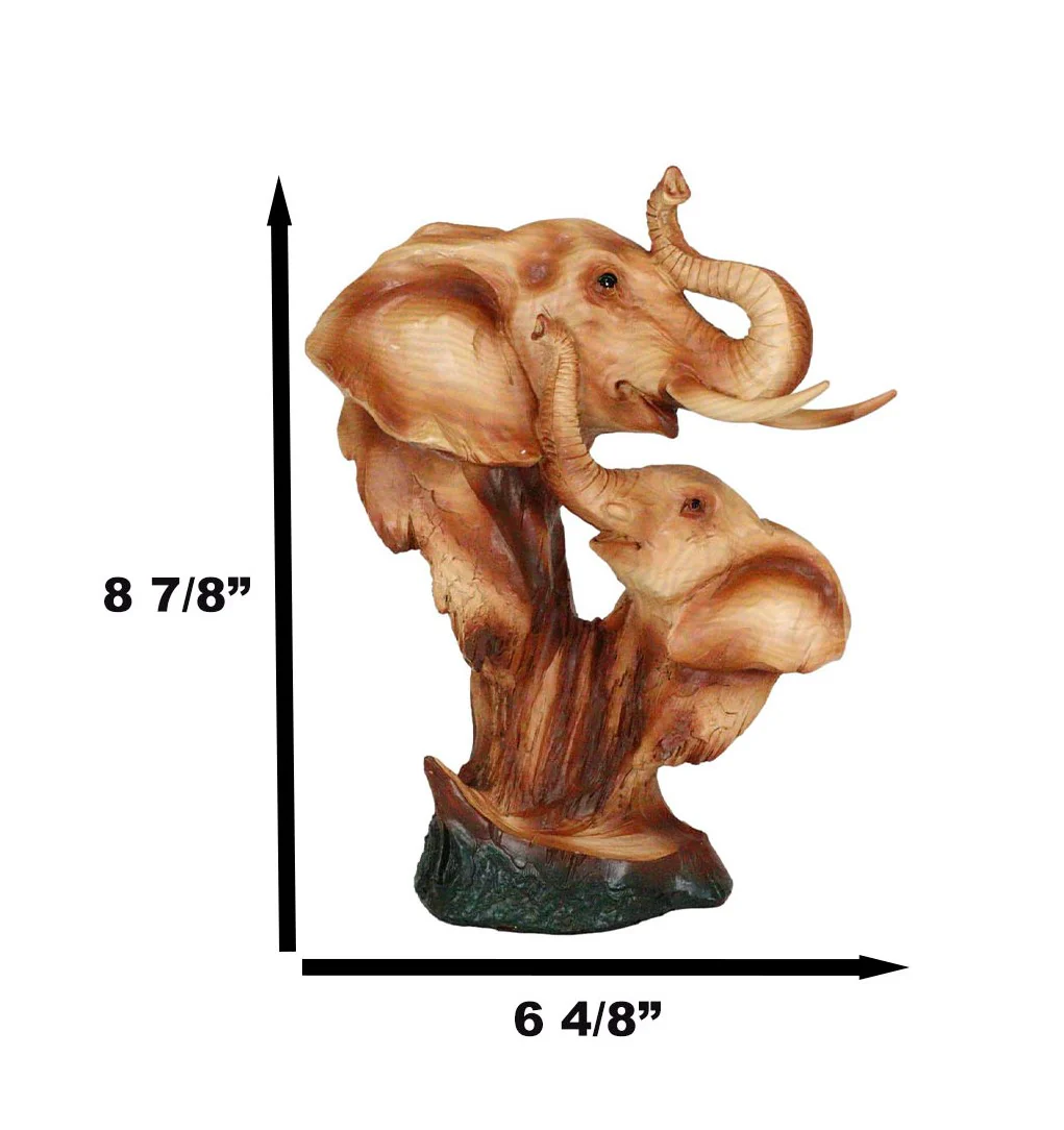 Safari Wildlife Elephant Father And Calf With Trunk Up Bust Faux Wood Figurine - Image 2