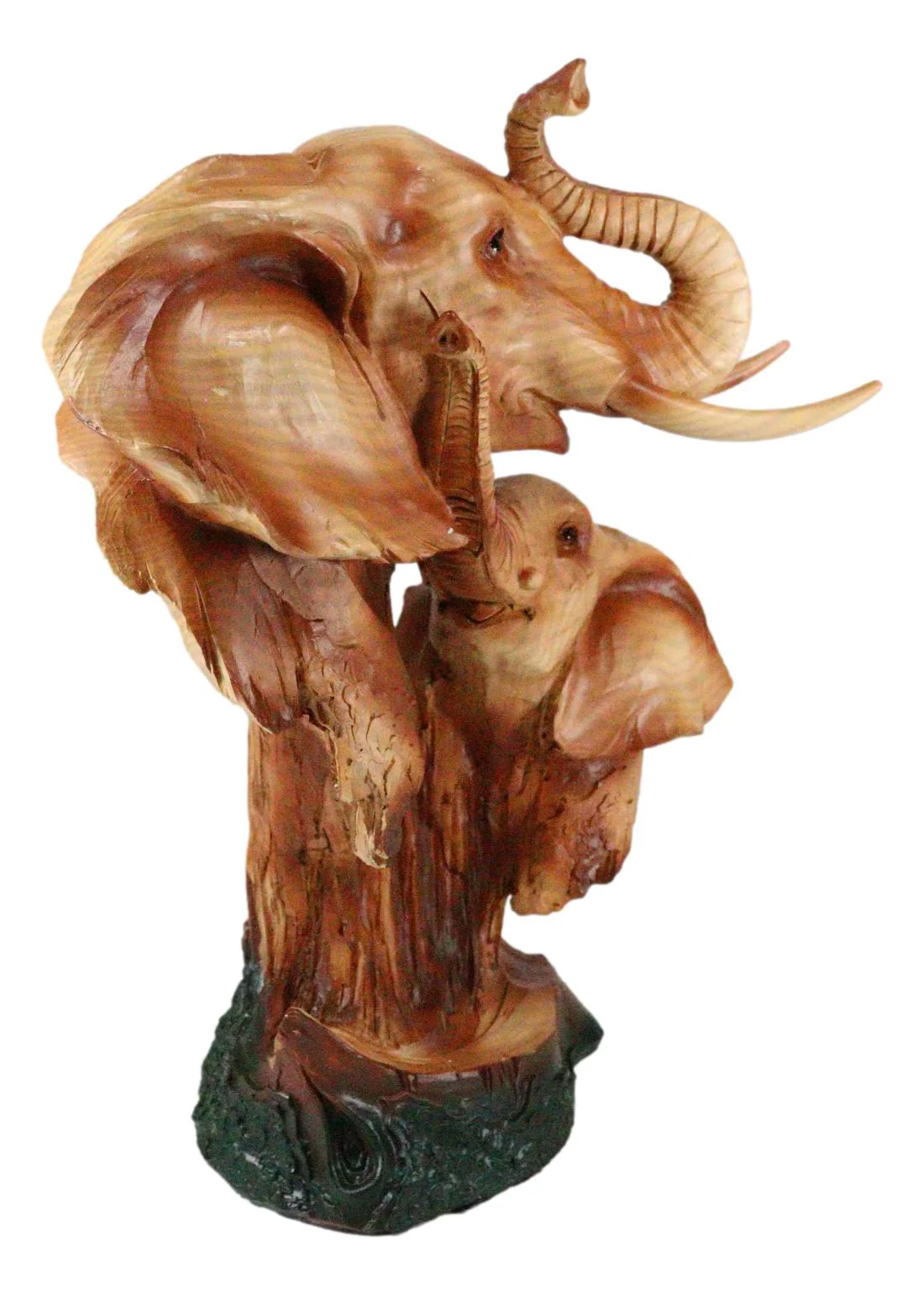 Safari Wildlife Elephant Father And Calf With Trunk Up Bust Faux Wood Figurine - Image 3