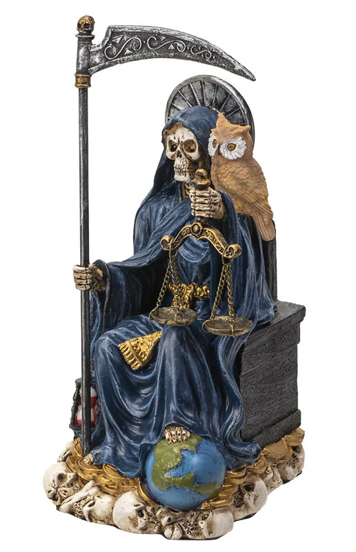 Seated Blue Santa Muerte With Scythe Scales of Justice And Wise Owl Figurine 9"H - Image 3