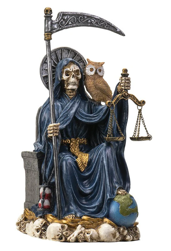 Seated Blue Santa Muerte With Scythe Scales of Justice And Wise Owl Figurine 9"H - Image 4