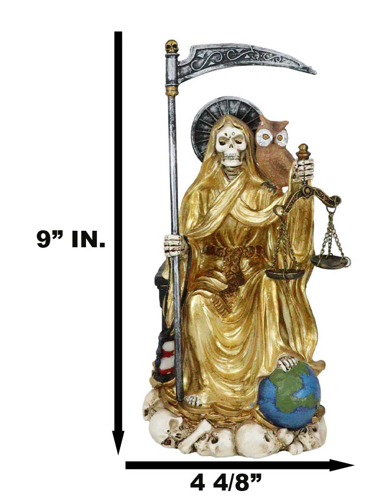 Seated Gold Santa Muerte With Scythe Scales of Justice And Wise Owl Figurine 9"H - Image 2