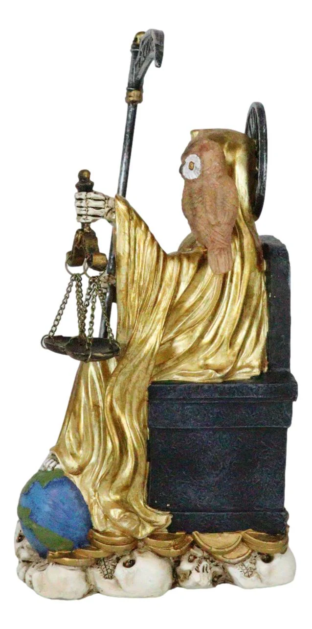 Seated Gold Santa Muerte With Scythe Scales of Justice And Wise Owl Figurine 9"H - Image 3