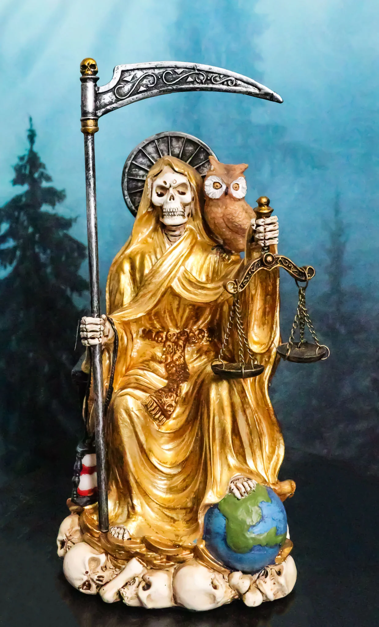 Seated Gold Santa Muerte With Scythe Scales of Justice And Wise Owl Figurine 9"H - Image 9
