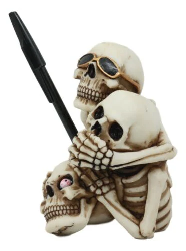 See Hear Speak No Evil Stacked Up Comical Skeletons Pen Holder Statue Figurine - Image 7