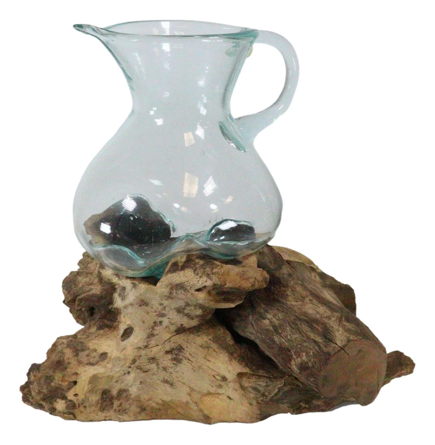 Set Of 2 Balinese Natural Gamal Wood Driftwood With Molten Glass Water Jugs - Image 10