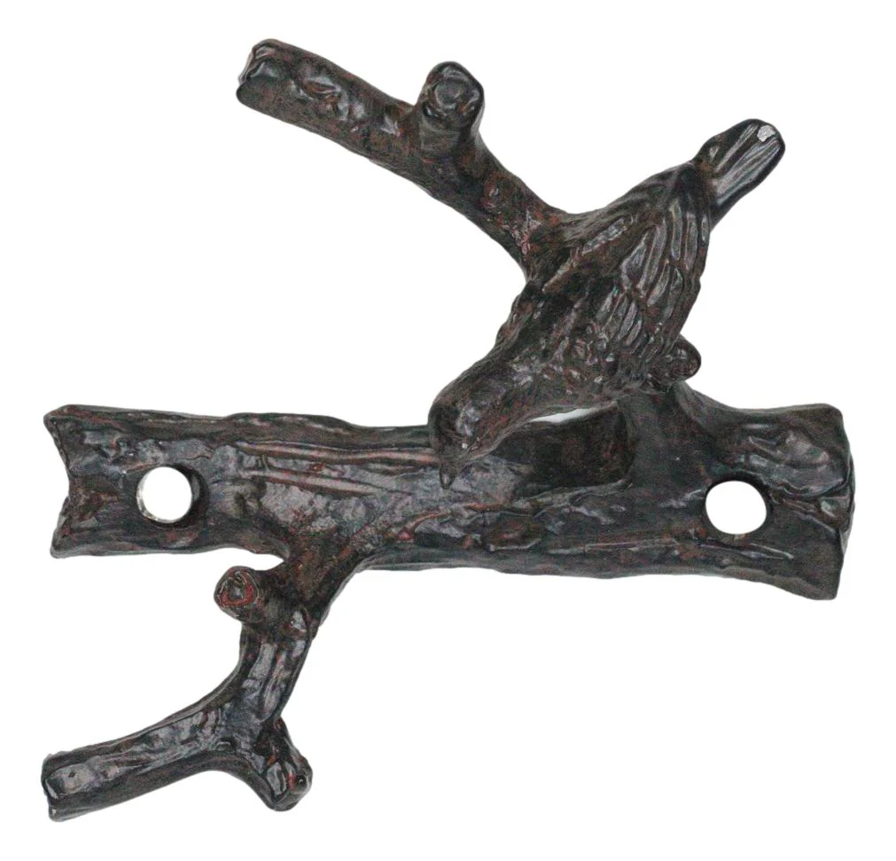Set of 2 Cast Iron Rustic Bird Perching On Twig Branches 2-Pegs Wall Hooks