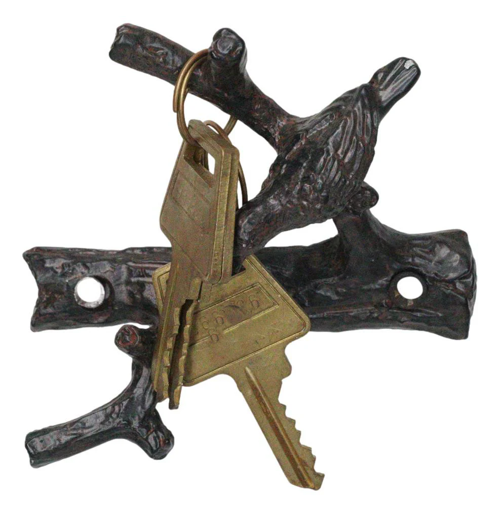 Set of 2 Cast Iron Rustic Bird Perching On Twig Branches 2-Pegs Wall Hooks - Image 3