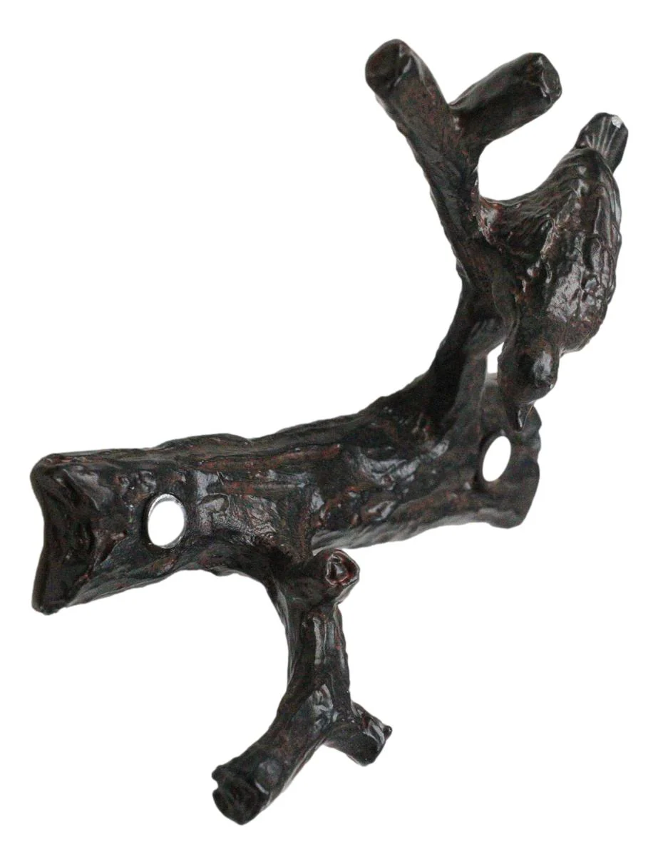 Set of 2 Cast Iron Rustic Bird Perching On Twig Branches 2-Pegs Wall Hooks - Image 4