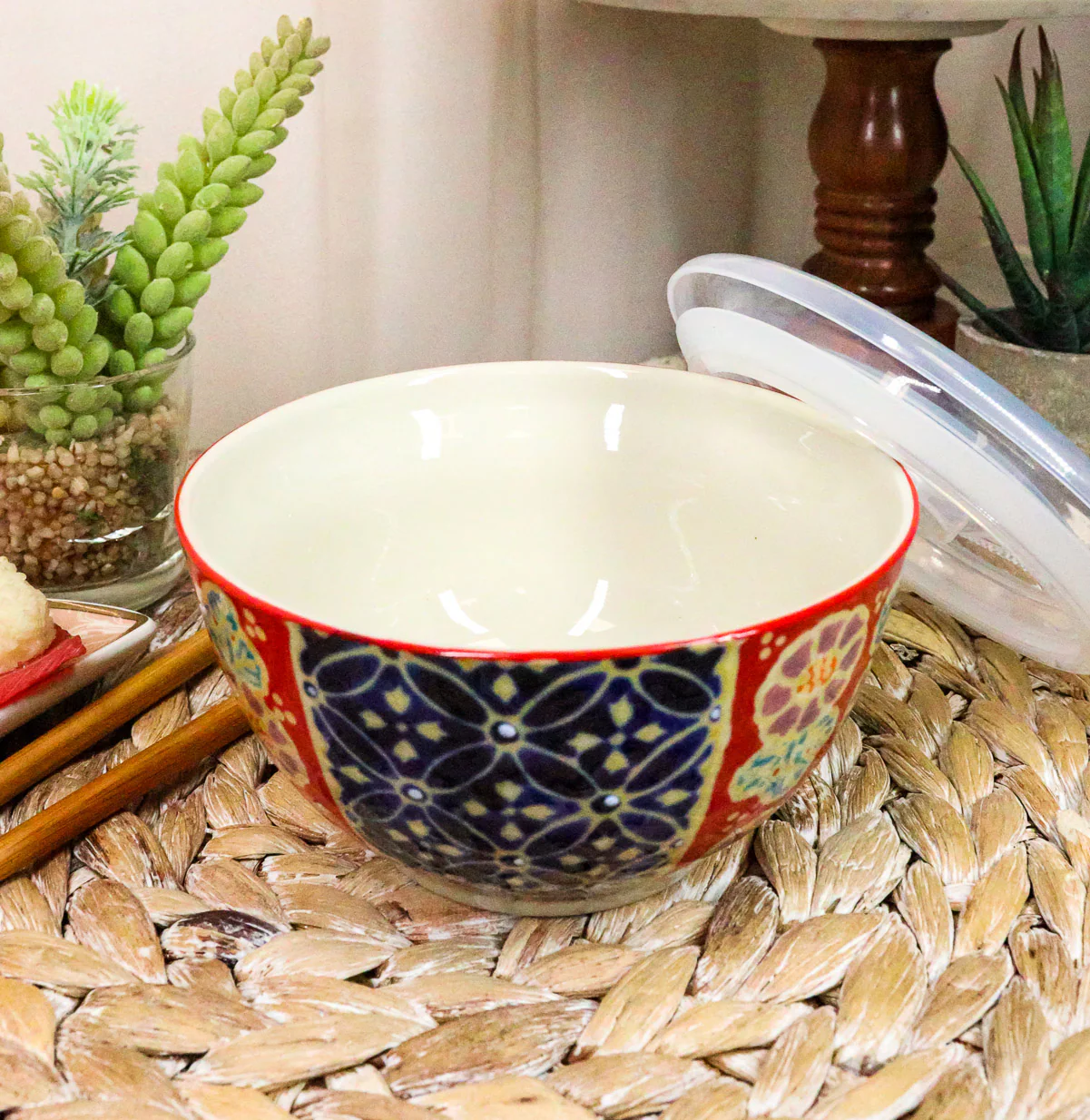 Ebros Set of 2 Ceramic Blue Red Floral Patterns Portion Meal Bowls 2 Cups Airtight Lid - Image 2