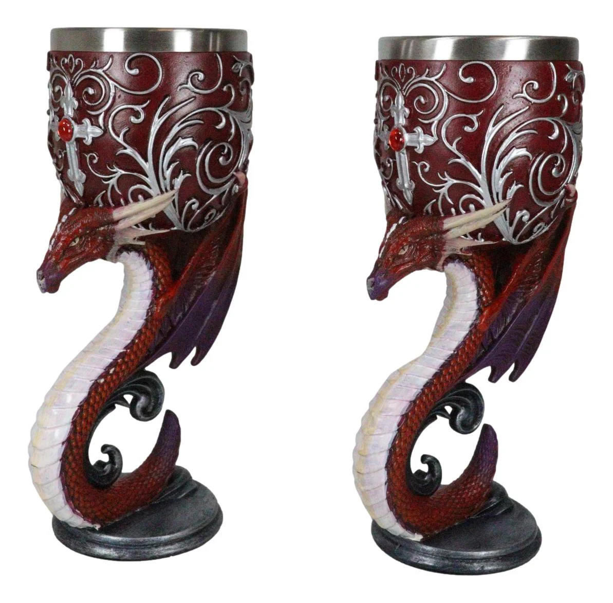 Set Of 2 Fantasy Maroon Dragons Devotion Love Hex Heart Baroque Wine Goblets - Image 2