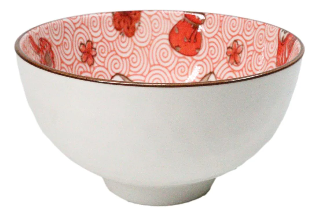 Set of 2 Lucky Cat Maneki Neko Red Ceramic 12oz Bowls With Bamboo Chopsticks - Image 3