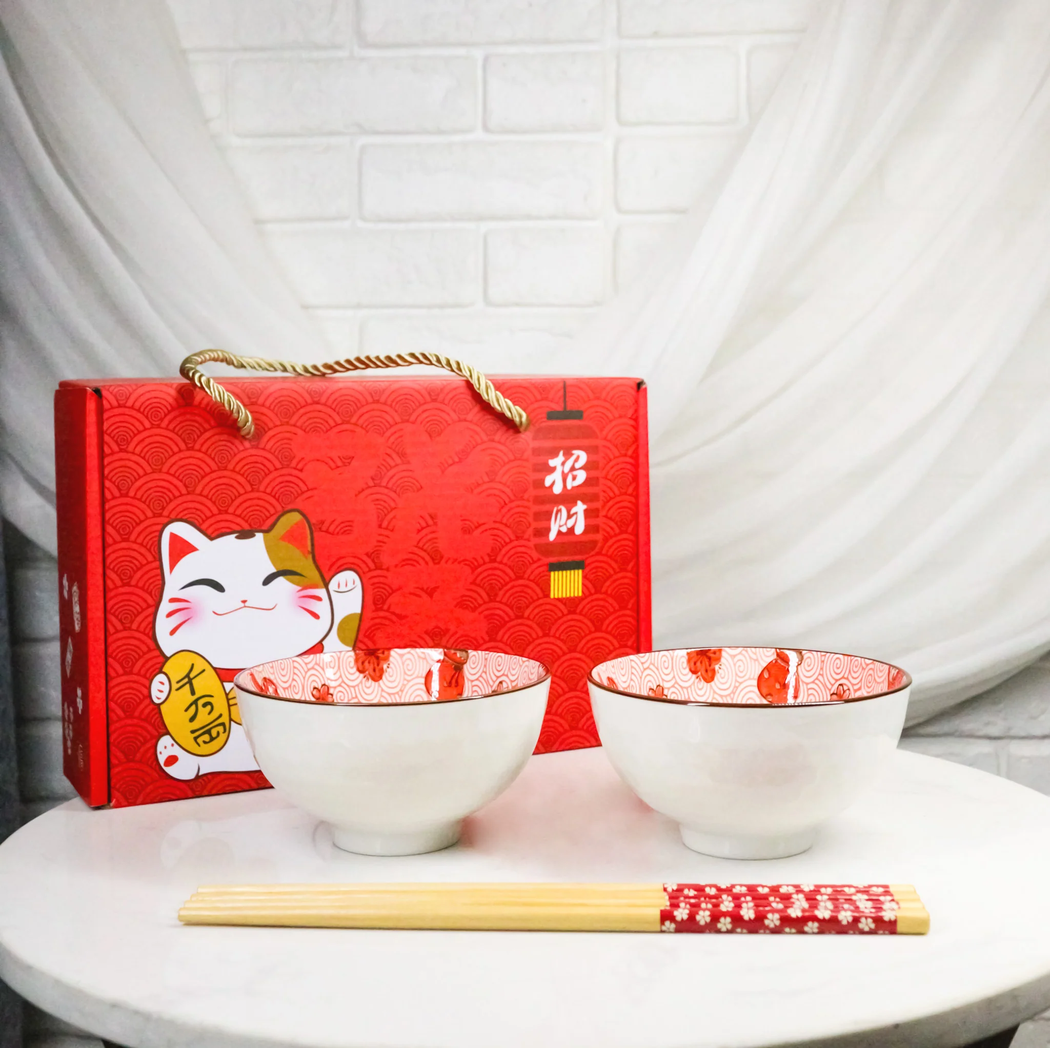 Set of 2 Lucky Cat Maneki Neko Red Ceramic 12oz Bowls With Bamboo Chopsticks - Image 7