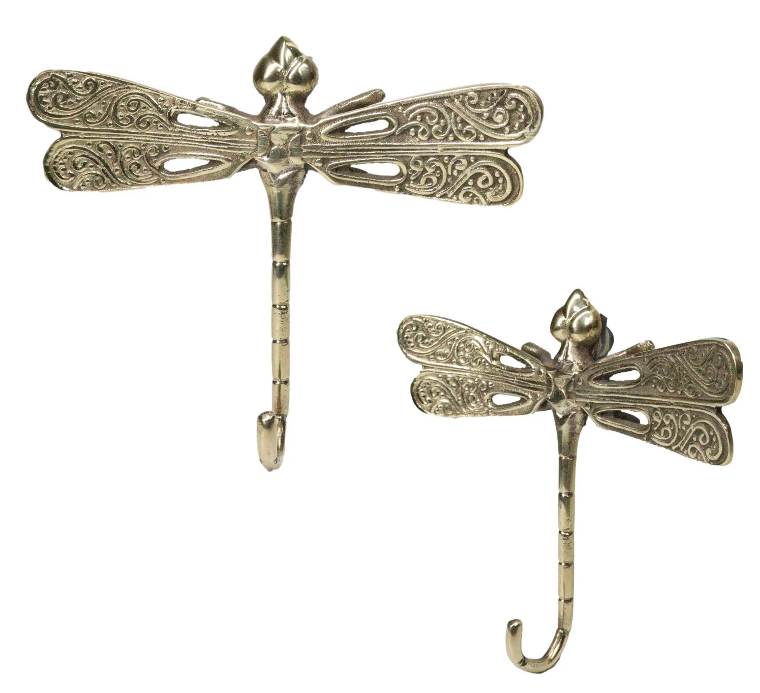 Set Of 2 Polished Brass Dragonfly With Scrollwork Filigree Wings Wall Hooks