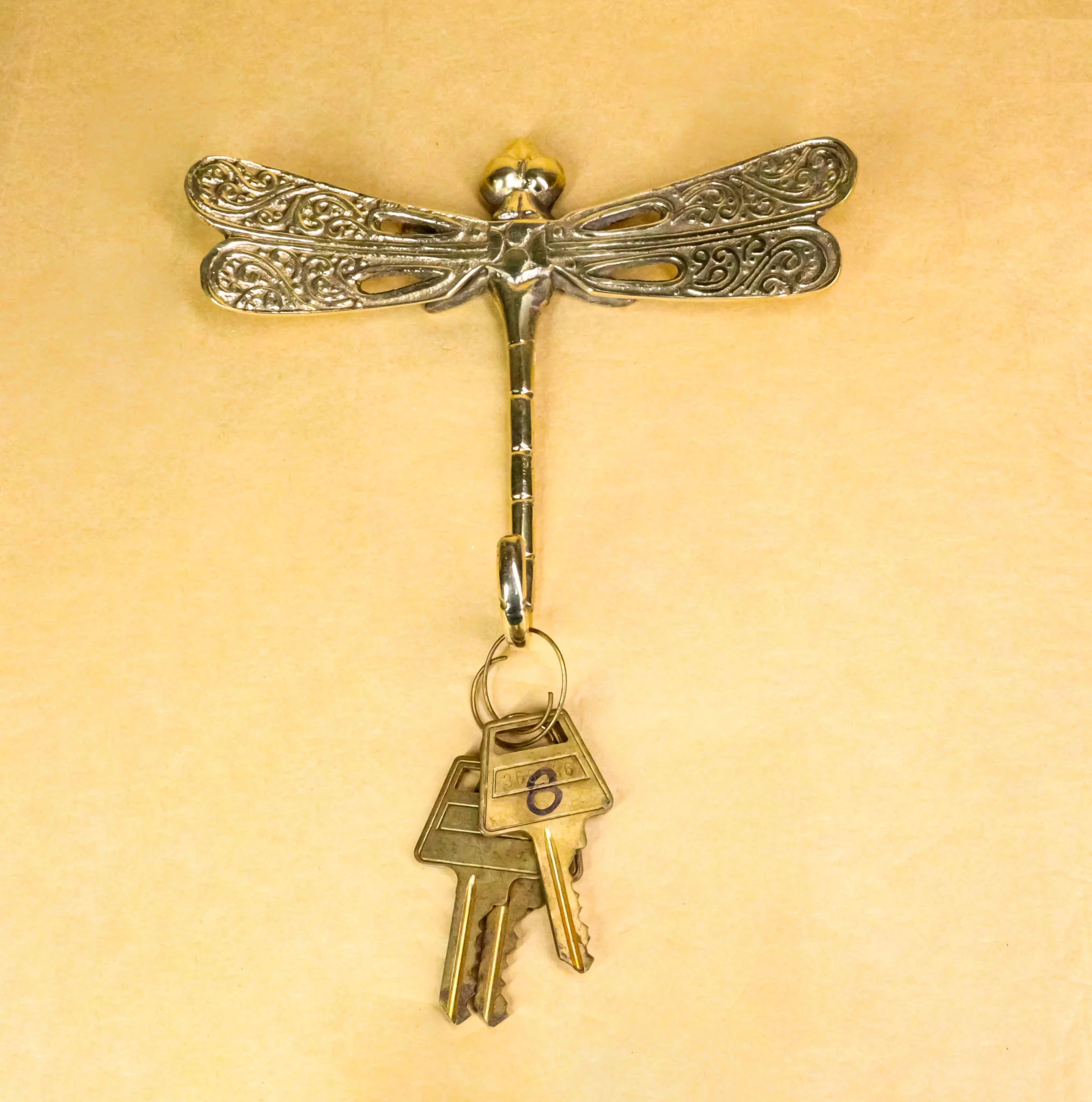 Set Of 2 Polished Brass Dragonfly With Scrollwork Filigree Wings Wall Hooks - Image 10