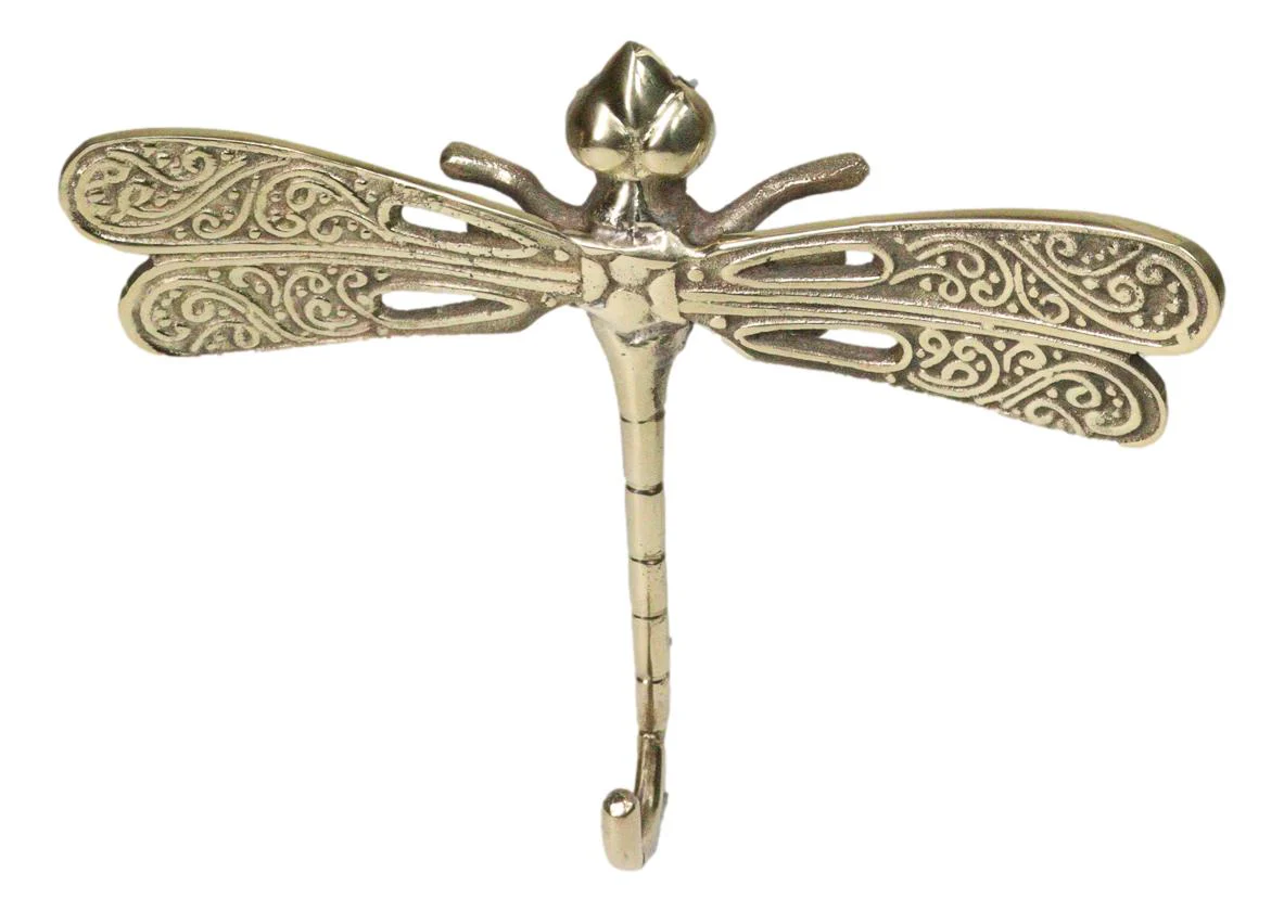 Set Of 2 Polished Brass Dragonfly With Scrollwork Filigree Wings Wall Hooks - Image 4
