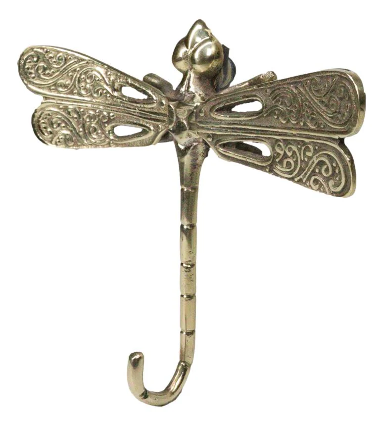 Set Of 2 Polished Brass Dragonfly With Scrollwork Filigree Wings Wall Hooks - Image 6