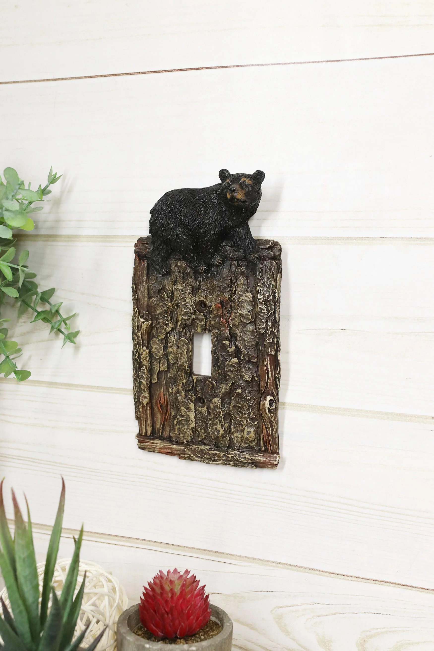 Set of 2 Rustic Faux Tree Bark With Black Bear Single Toggle Wall Switch Plates - Image 5