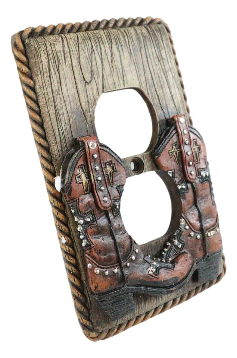 Set of 2 Western Cowboy Boots Faux Wood Wall Double Receptacle Outlet Plates - Image 3