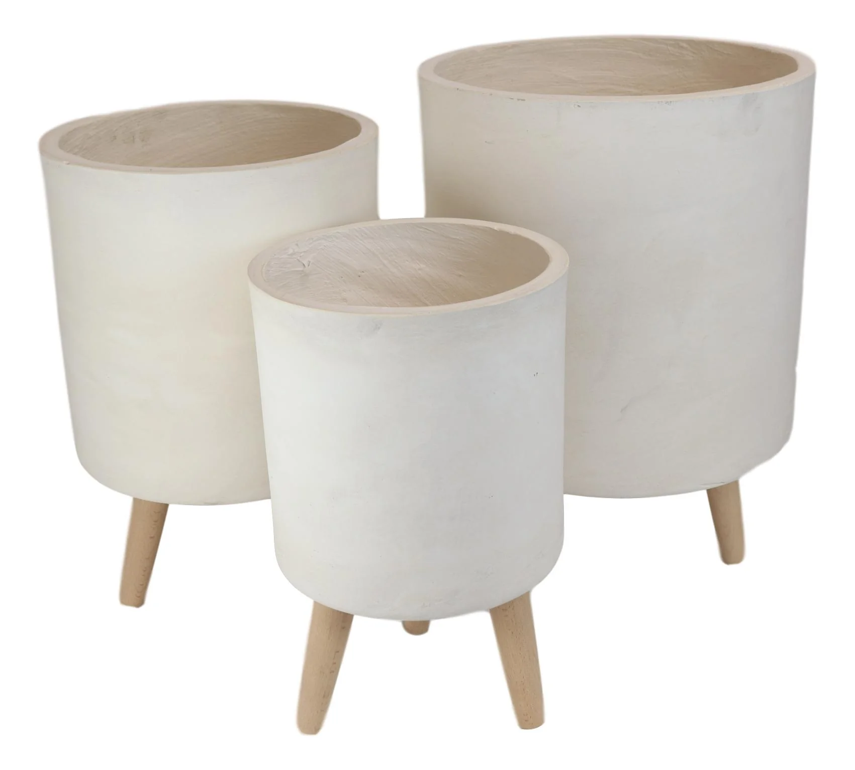 Set of 3 Contemporary White Fiber Clay Cylindrical Planter Pots With Wooden Feet - Image 2