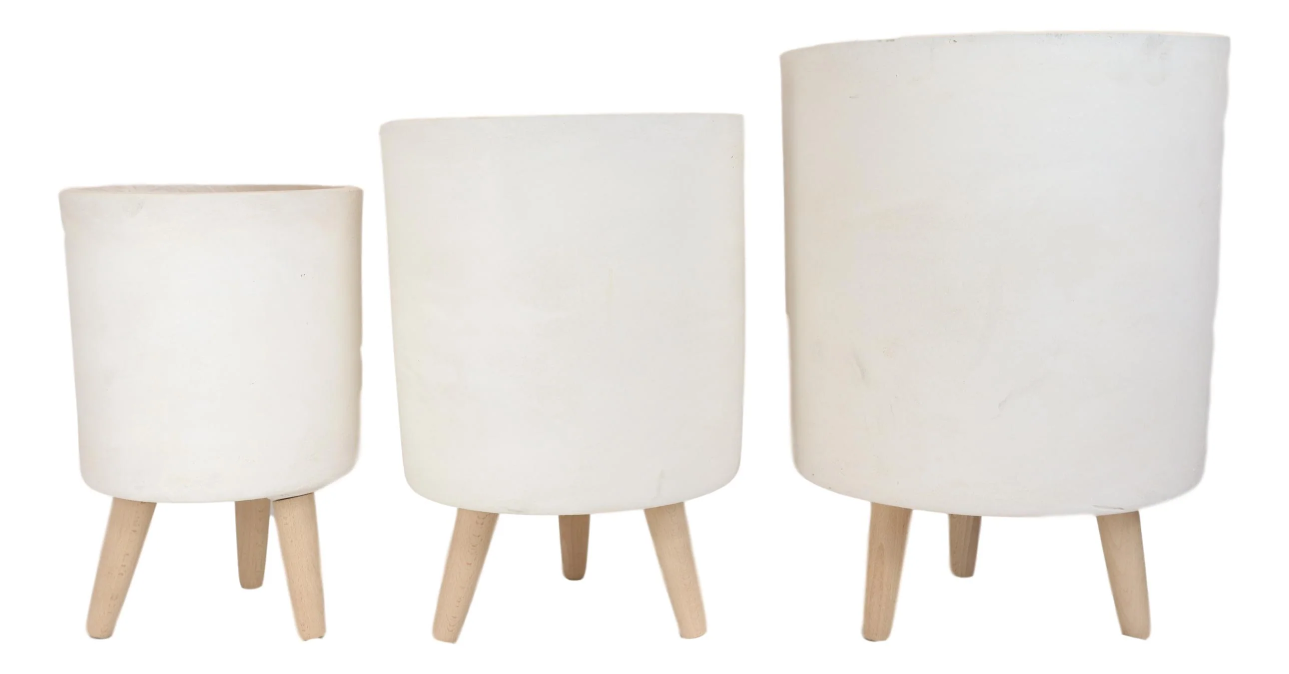 Set of 3 Contemporary White Fiber Clay Cylindrical Planter Pots With Wooden Feet - Image 3