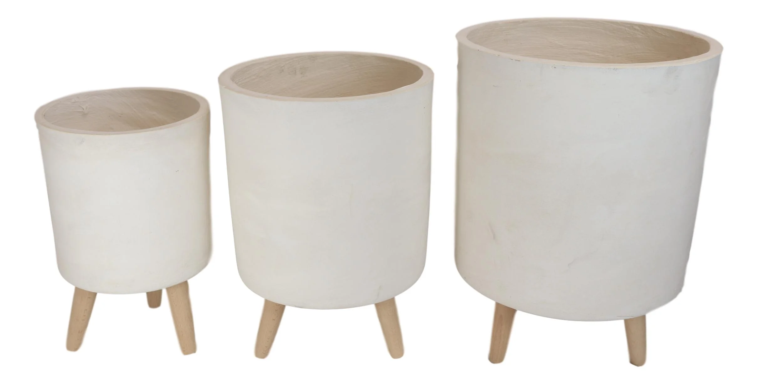 Set of 3 Contemporary White Fiber Clay Cylindrical Planter Pots With Wooden Feet - Image 4