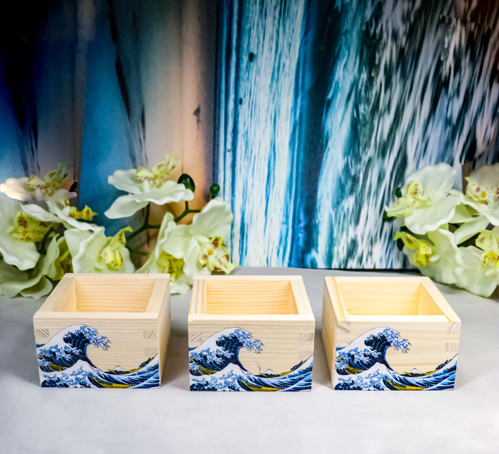 Set Of 3 Great Wave Of Kanagawa Hokusai Traditional Masu Square Box Sake Cups - Image 10