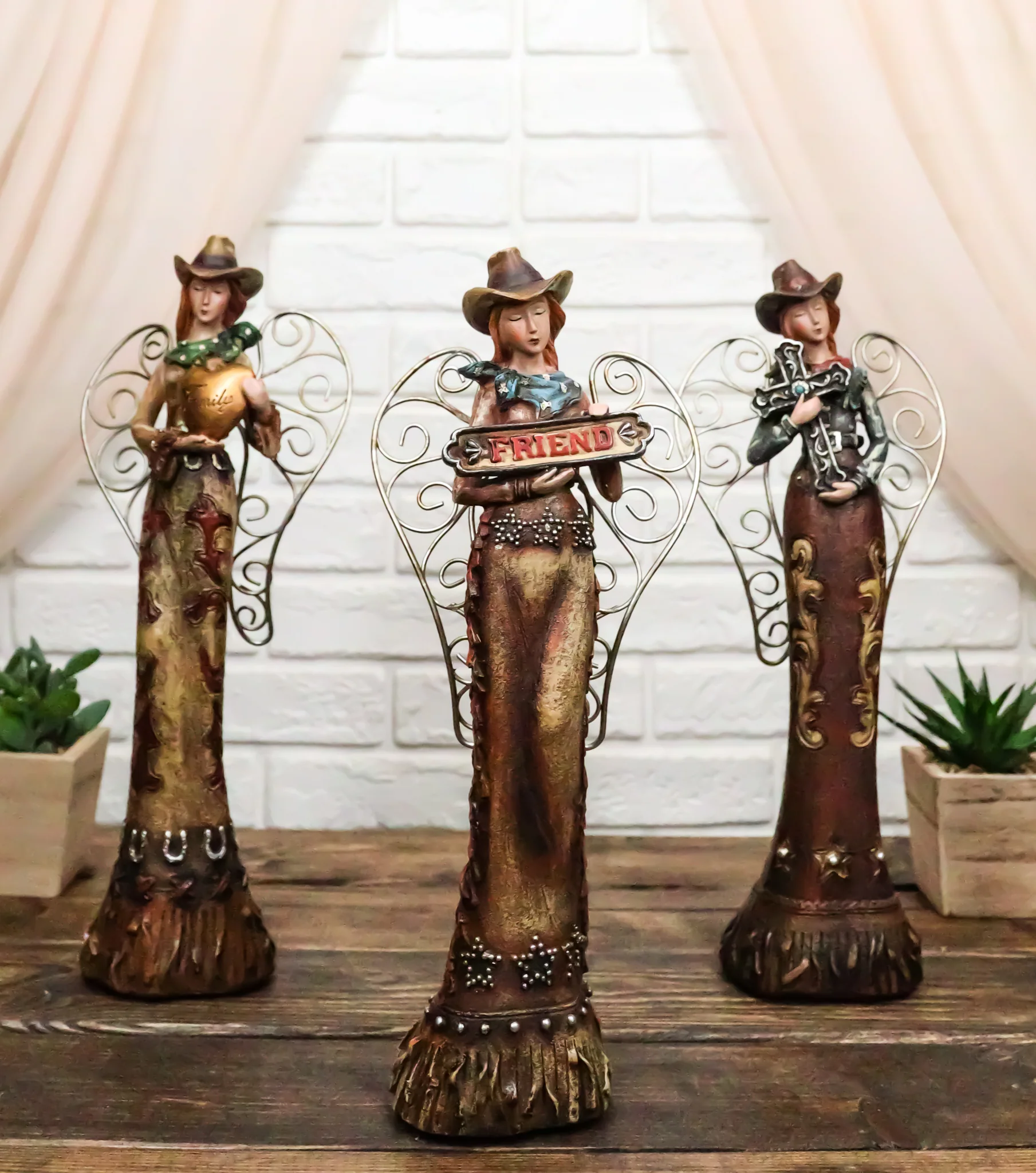 Set Of 3 Western Cowgirl Angels With Family Heart Cross Friend Sign Figurines - Image 11