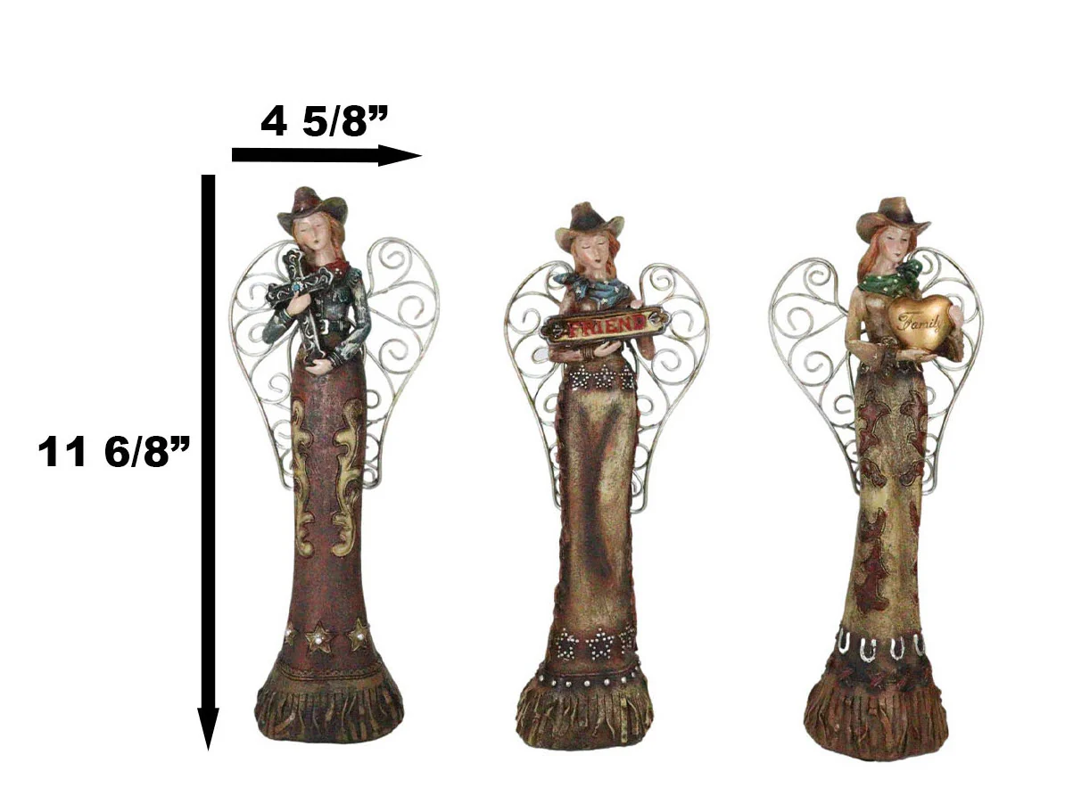 Set Of 3 Western Cowgirl Angels With Family Heart Cross Friend Sign Figurines - Image 2