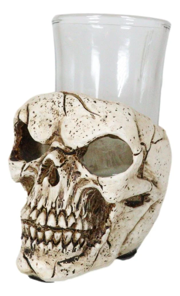 Set Of 4 Gothic Graveyard Macabre Grinning Evil Skull Shot Glass Holder Figurine - Image 6