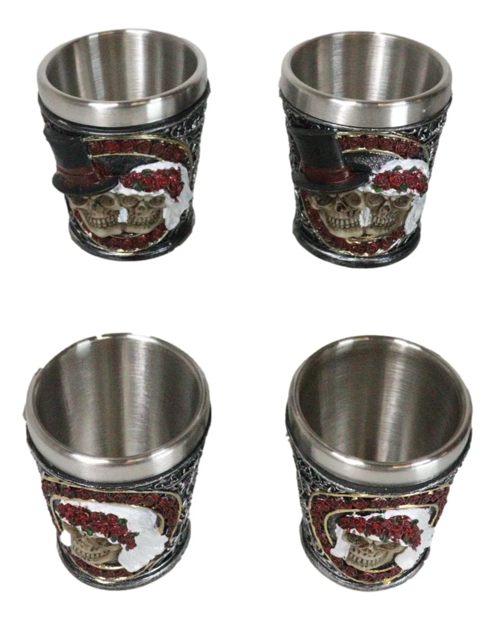 Set Of 4 Love Never Dies Wedding Couple Skulls With Red Roses Shot Glasses - Image 6