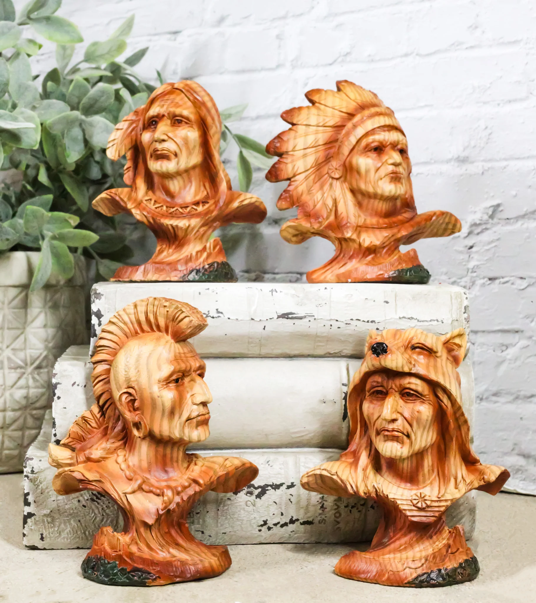 Set of 4 Native American Sioux Indian Tribal Warrior Chief Faux Wood Figurines - Image 9